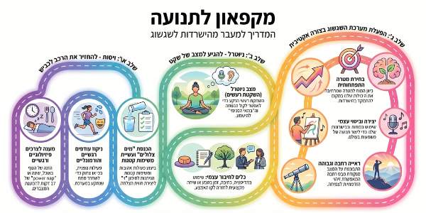 תרשים שמראה את המעבר דרך 3 שלבים מקפאון לתנועה של שגשוג